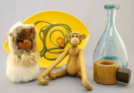 Mid-Century Lot: Poole Dish / Holmegaard Decanter / Bojesen Style Monkey / 2 Wooden.: Mid-Century Lot: Poole Dish / Holmegaard Decanter / Bojesen Style Monkey / 2 Wooden.