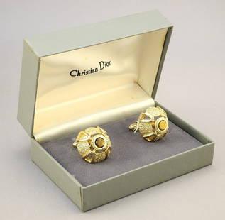 Pair of Christian Dior Tigers Eye Beehive Cuff Links in Original Box.: Pair of Christian Dior Tigers Eye Beehive Cuff Links in Original Box.