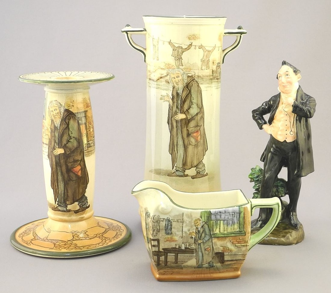 4 Royal Doulton Dickens Ware pcs: Fagin Vase, Candlestick, & Jug 3 1/4"-8 1/2" and Pecksnif (1 of 6)