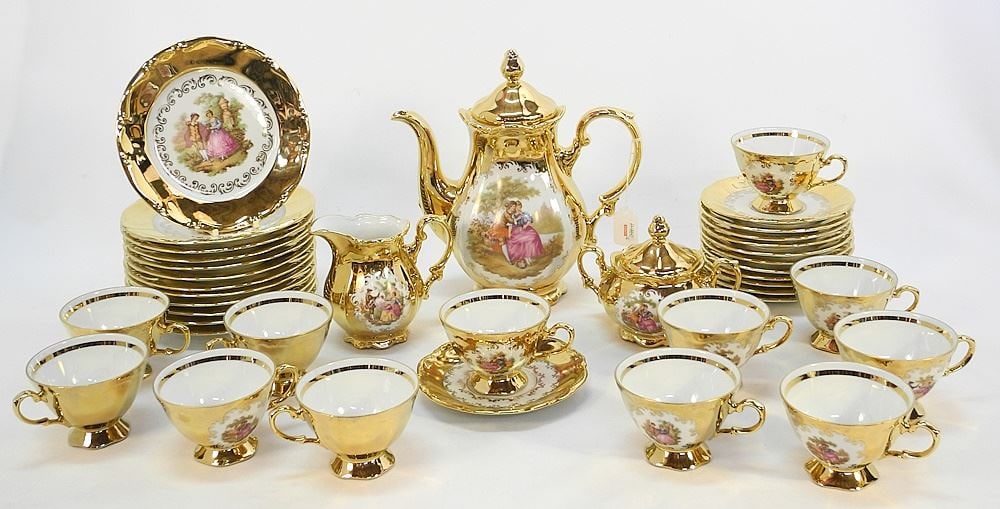 HK Bavaria Germany 22K Gold Coffee Set with 12 Trios, marked "Handwork" with various Courting Scen (1 of 6)