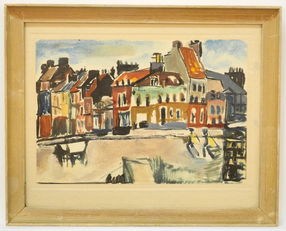 Watercolour Signed F. (Francois) Desnoyer, 8 1/4" x 12 1/8", "Street Scene" laid down.: Watercolour Signed F. (Francois) Desnoyer, 8 1/4" x 12 1/8", "Street Scene" laid down.