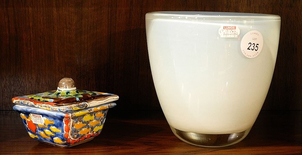 Murano Fire Opalescent Art Glass Vase & a Desimone Art Pottery Covered Dish. (1 of 1)