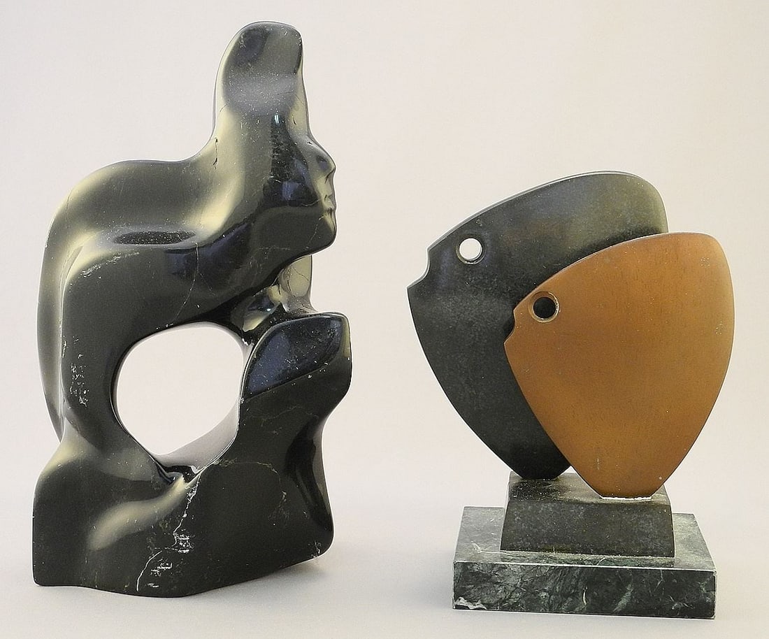 Two 20th Century Sculptures: Black- Stone signed Aslar Richards (9 5/8") and Fish Sculpture. (1 of 3)