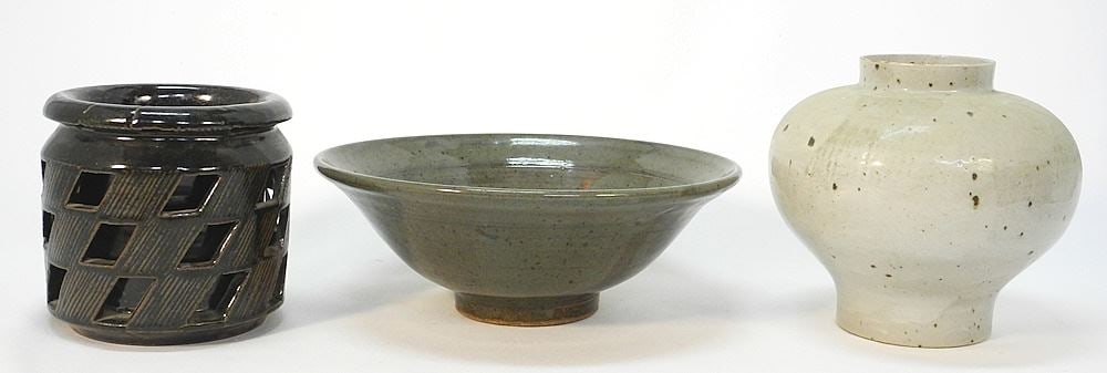 3 Pottery Vessels signed and attrib. to (Fred) Owen: 2 Vases and Bowl, 4 1/4"-7 3/8"H. (1 of 3)