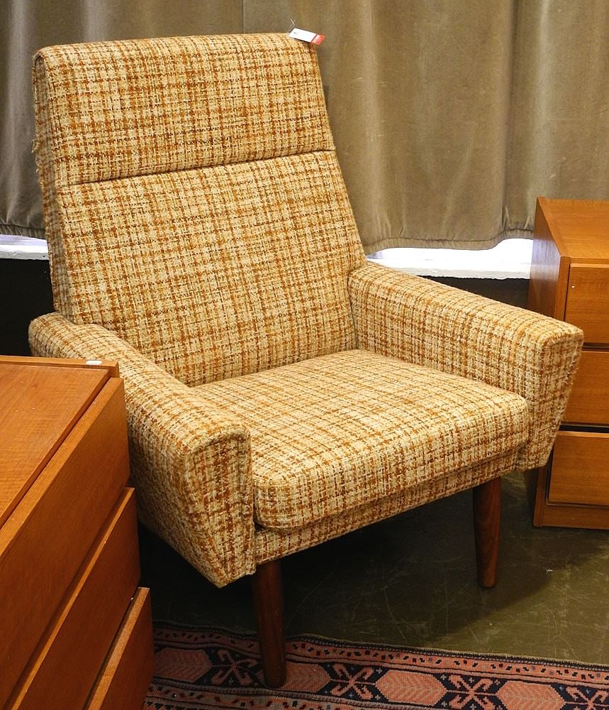 Danish Modern Style Arm Chair (cat scratches noted).: Danish Modern Style Arm Chair (cat scratches noted).