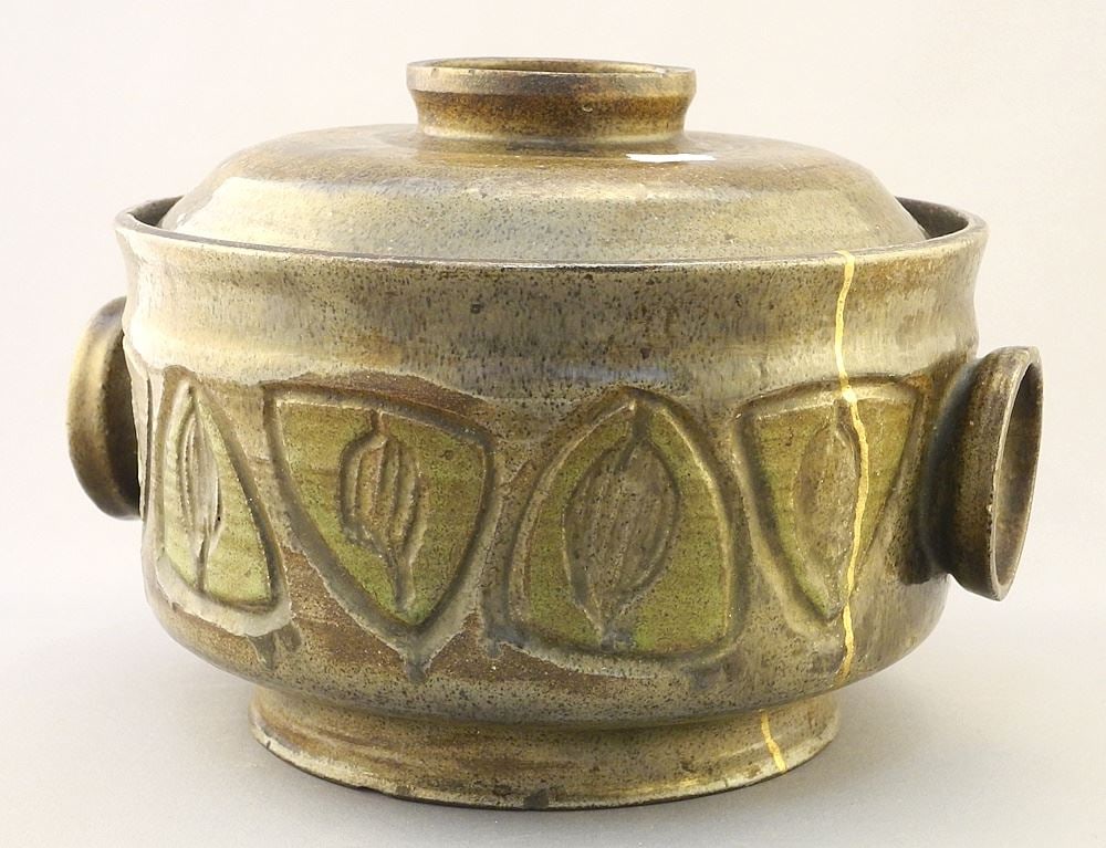 Stoneware Casserole Dish signed Santo Mignosa with Kintsuge Technique, 10"W. (1 of 7)