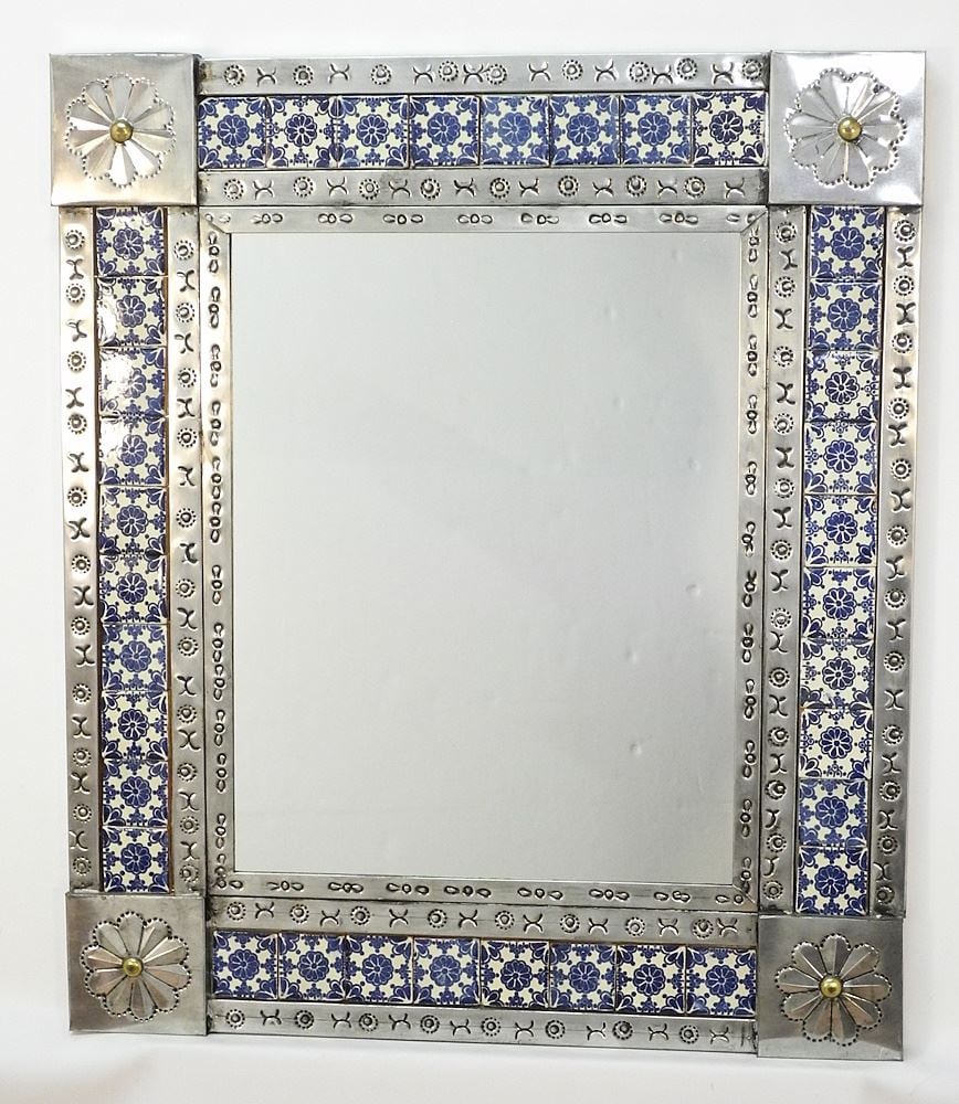 Mexican Tile Inset Tin Mirror, 28 1/2 x 24 3/4".: Mexican Tile Inset Tin Mirror, 28 1/2 x 24 3/4".