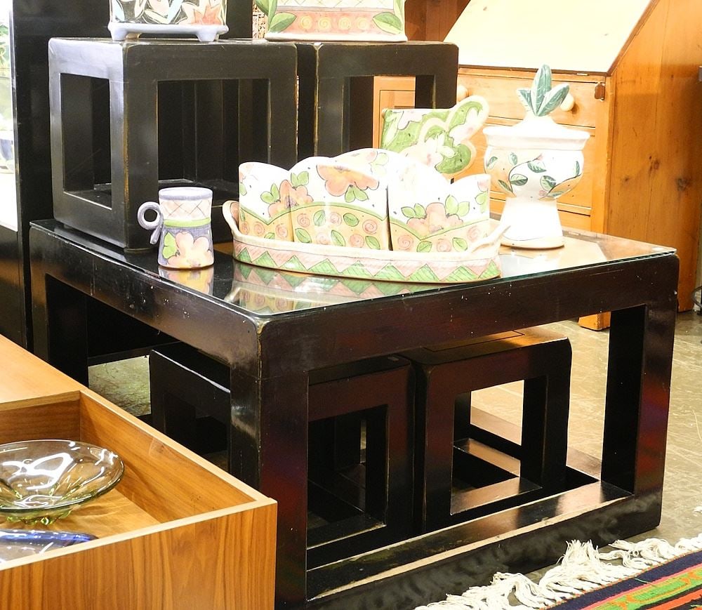 Ebonised Low Square Table with Nesting Seats, 19 3/4" x 33" x 33".: Ebonised Low Square Table with Nesting Seats, 19 3/4" x 33" x 33".