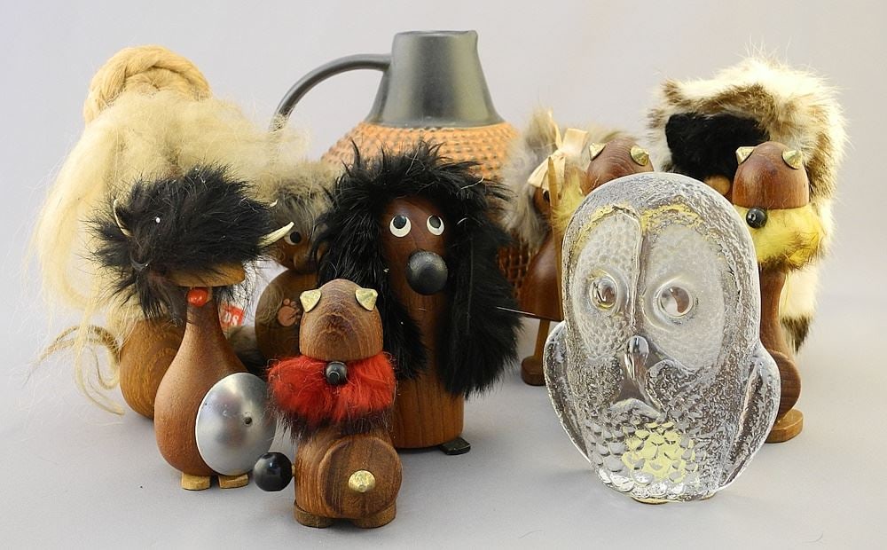 Collection of Scandinavian Teak Figures with Royal Krona Owl & W German Jug.: Collection of Scandinavian Teak Figures with Royal Krona Owl & W German Jug.