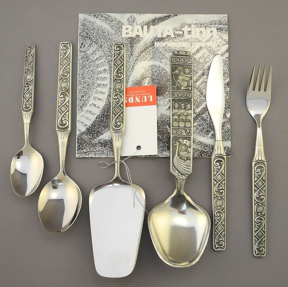 6 Place Settings Bauta-tinn Norwegian Pewter Flatware with Book.: 6 Place Settings Bauta-tinn Norwegian Pewter Flatware with Book.