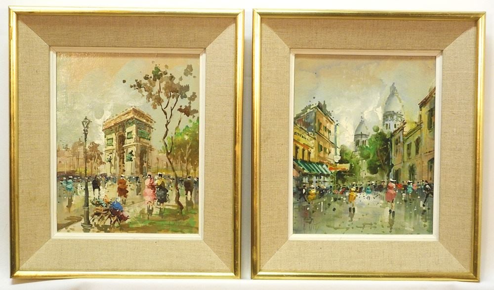 Oil on Canvas signed A(Antonio) Devity, 11 3/8" x 7 1/4", "Street Scenes". (1 of 5)