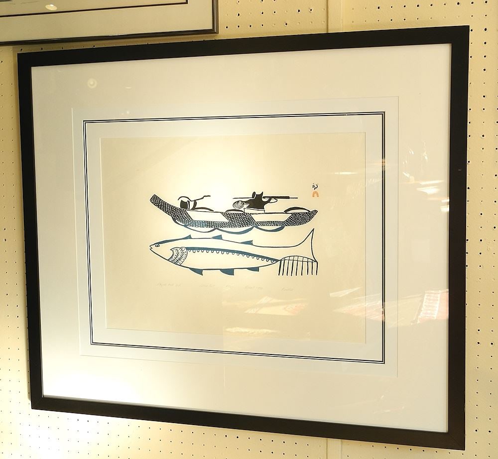 Dorset Stone Cut signed Pudlo (Pudlat), 16 1/4 x 22 1/4", "Kayak and Fish", #47/50. (1 of 2)