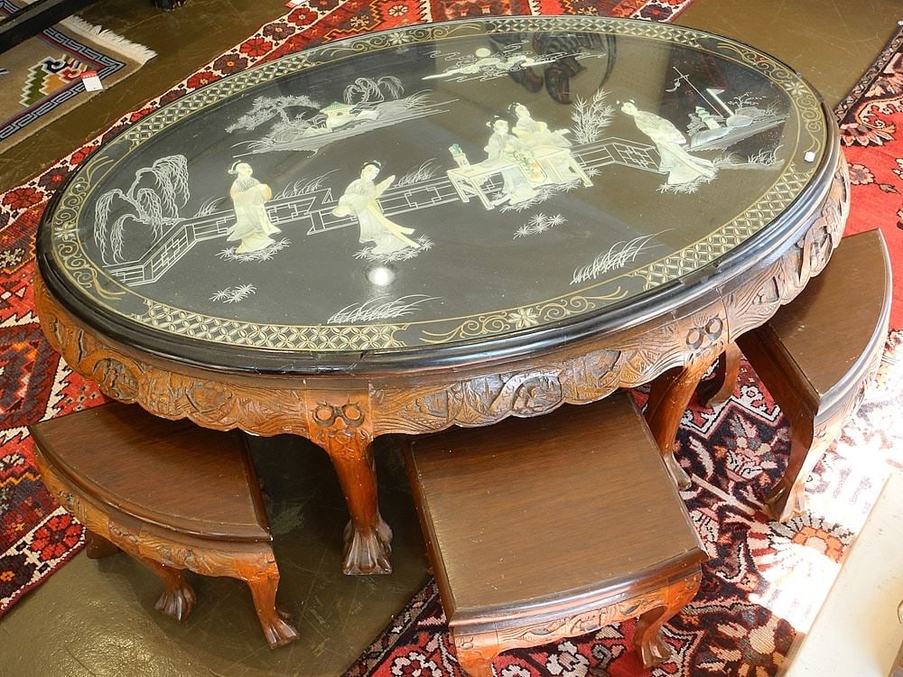 Asian Oval Inlaid 7 Piece Table Set, 50"W. (1 of 5)