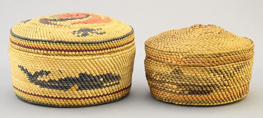 2 Nuu-Chah-Nulth Basketry Baskets, 3 1/2" & 3", "Whaling" & "Whales". (1 of 3)
