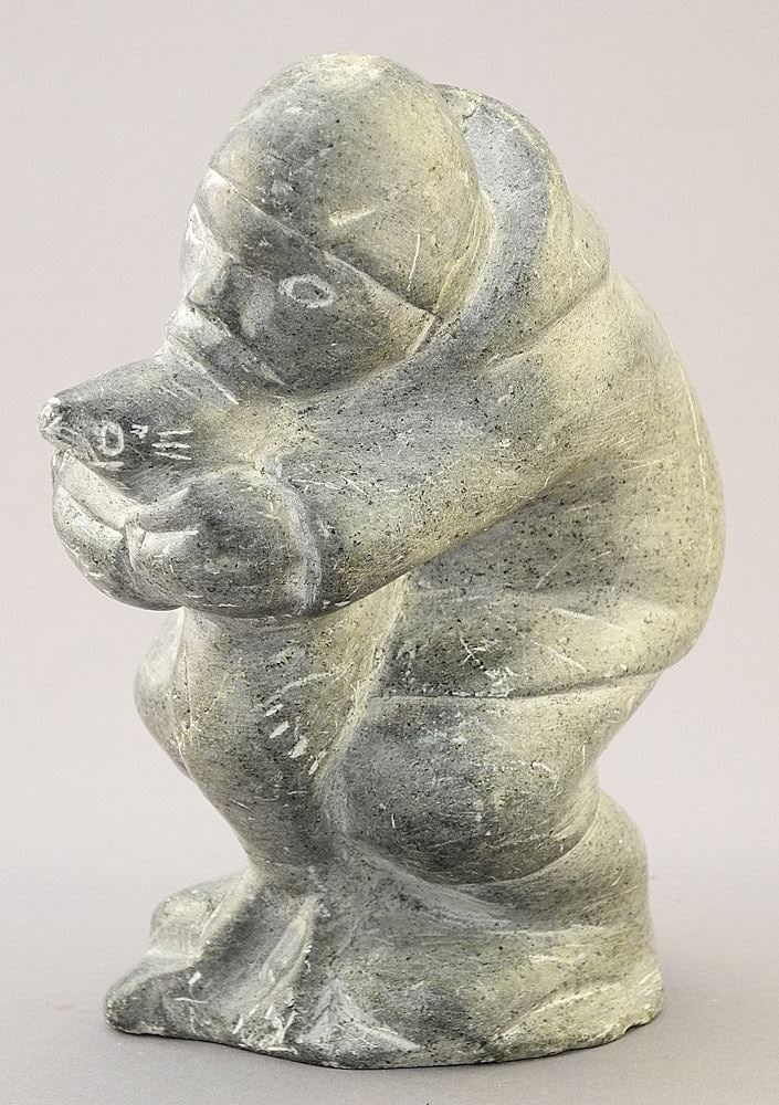 Inuit Stone Figure signed E91369, 5 5/8"H, "Seal Capture". (1 of 3)
