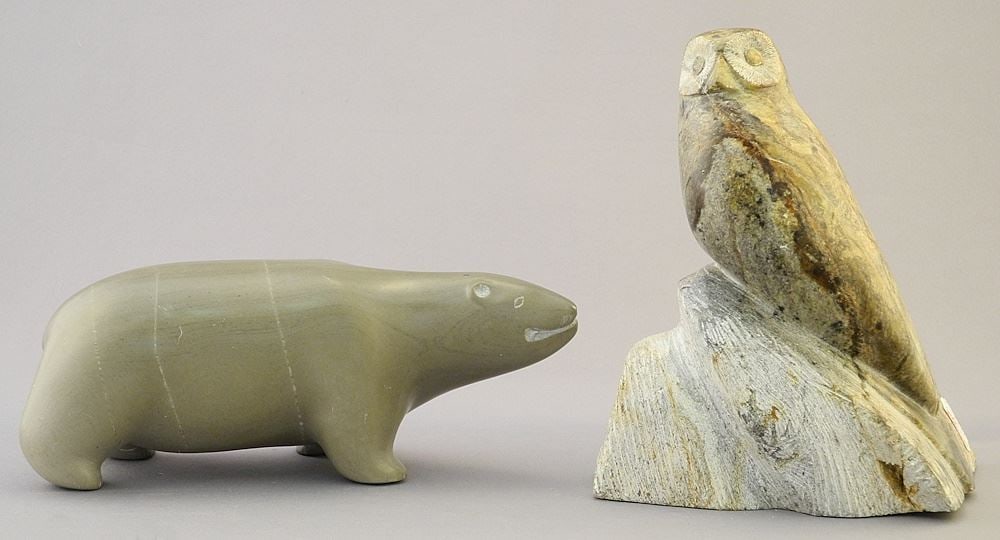 2 Stone Carvings: Bear signed Allie Appepq 5680(7 1/2") / signed indist. 6"H. (1 of 3)