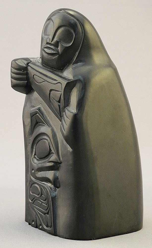 Argillite Sculpture signed Gitsgah 1969, 4 1/4"H, "Blind Fisherman with Raven's Beak".: Argillite Sculpture signed Gitsgah 1969, 4 1/4"H, "Blind Fisherman with Raven's Beak".