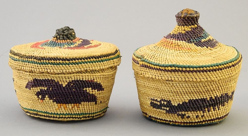 2 Nuu-Chah-Nulth Baskets, approx. 3", "Eagle & Whale".: 2 Nuu-Chah-Nulth Baskets, approx. 3", "Eagle & Whale".
