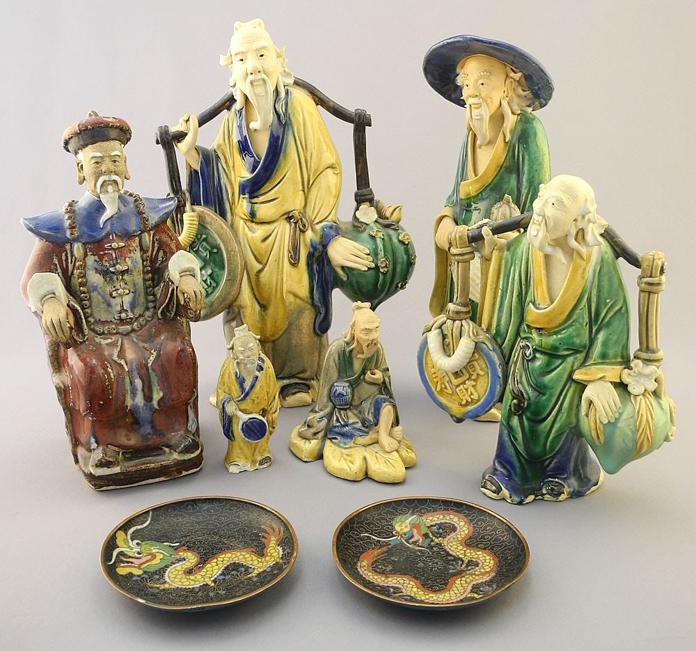 6 Chinese Pottery Figures and Small Cloisonne Dishes, 3 3/8 - 10"H. (1 of 6)