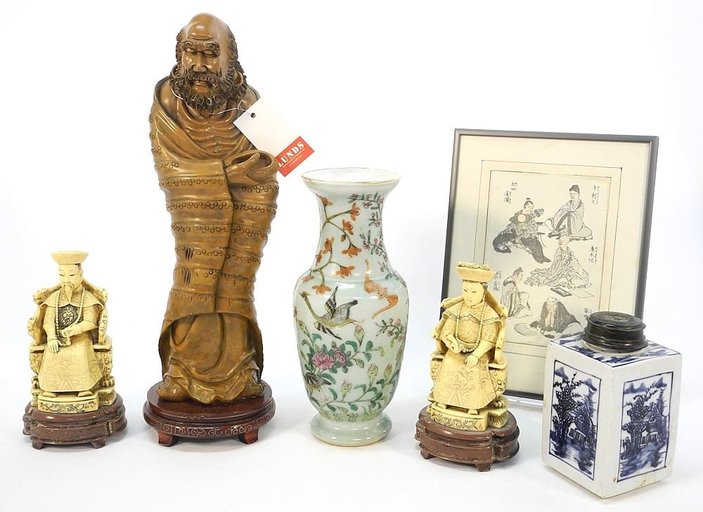 Japanese Print, 2 pcs of Chinese Porcelain and 3 Resin Figures, 5 1/2 -16"H. (1 of 5)