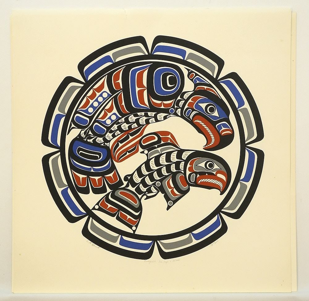 2 Prints signed E.A.Hunt, 20 1/2" x 20", "Sea Eagle & Salmon"/"Salmon Cycle"(some water dam). (1 of 4)