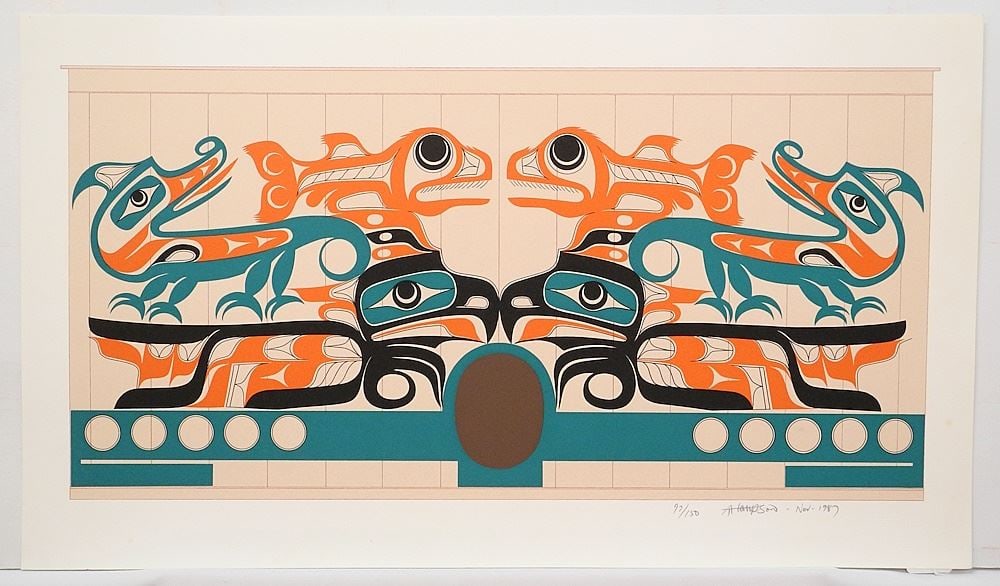 Nuu-Chah-Nulth Serigraph signed Art Thompson Nov 1987, 17 1/2" x 30 1/8" untitled House Front. (1 of 3)