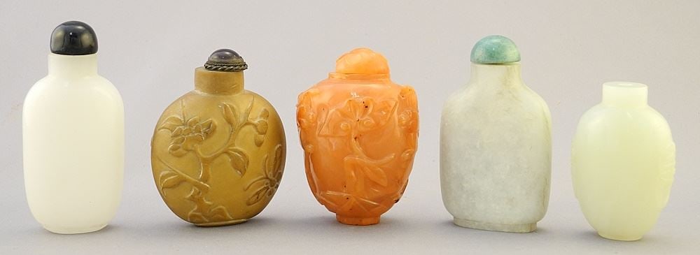5 Chinese Hardstone Snuff Bottles: 2 1/8" - 2 1/2" High (1 of 2)