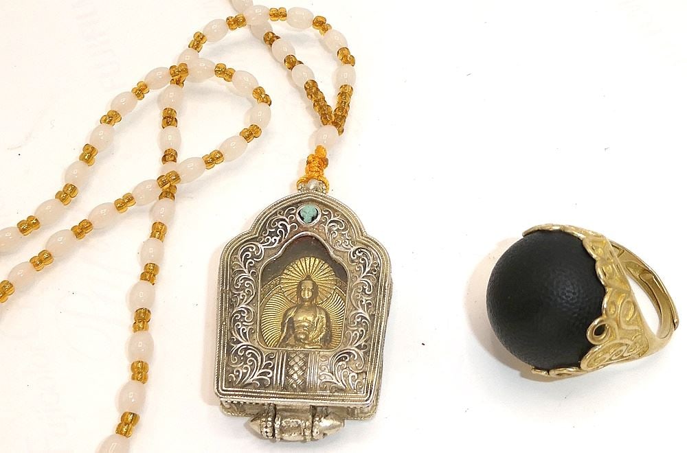 Nepal Buddha Shrine Pendant and Horn Ring, 20th Century, 14 1/2"L.: Nepal Buddha Shrine Pendant and Horn Ring, 20th Century, 14 1/2"L.