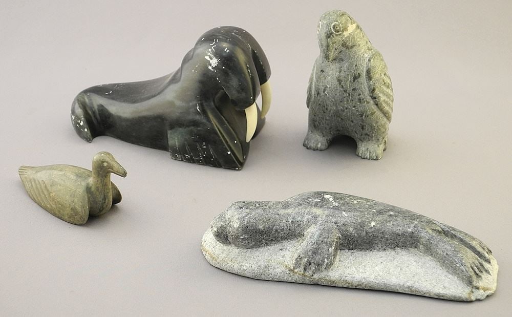 3 Inuit Stone Carvings signed Epakohak/Niglak/00148 and Commercial Carving 3 3/8-6"L. (1 of 4)