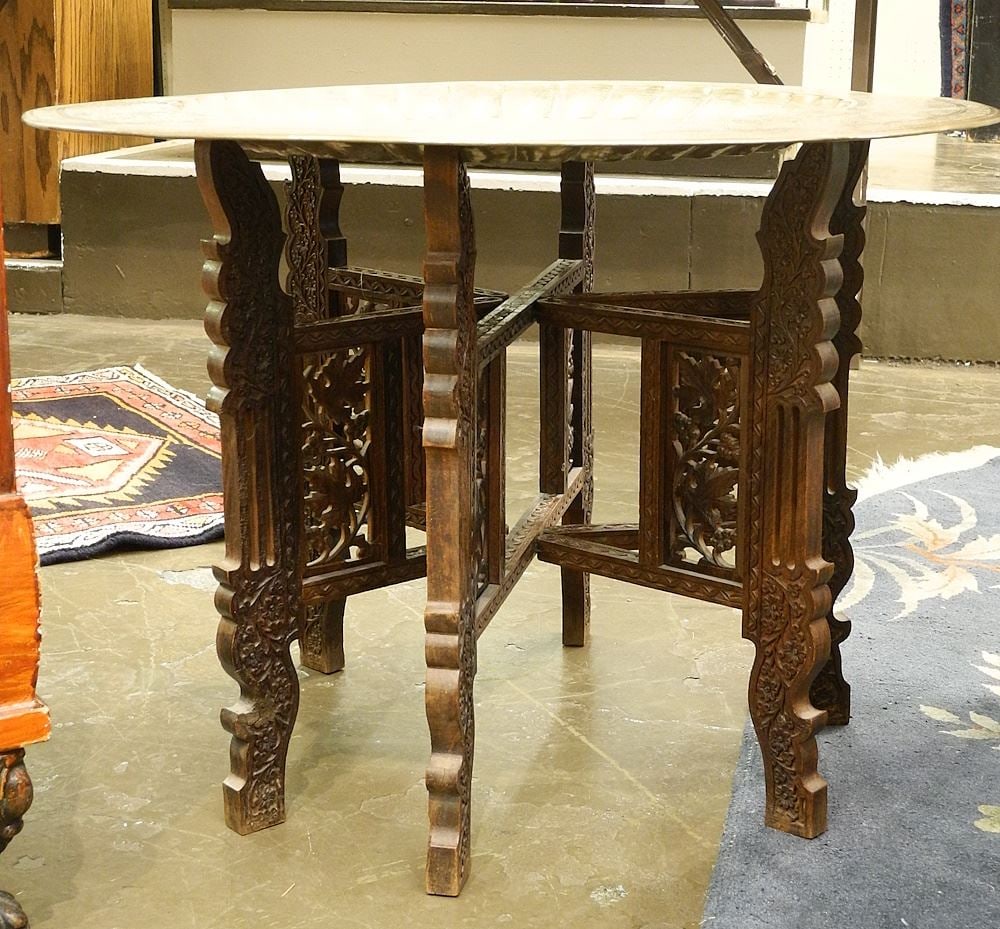 South Asian Brass Tray Table on Chip Carved Base, 29" diameter. (1 of 2)