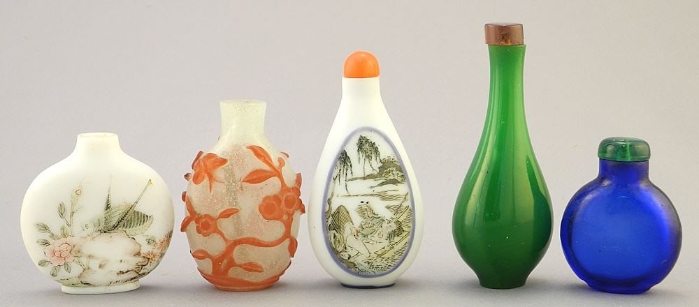 4 Chinese Glass Snuff Bottles & Miniature Vase, 1 5/8"- 3 1/8" High (1 of 3)