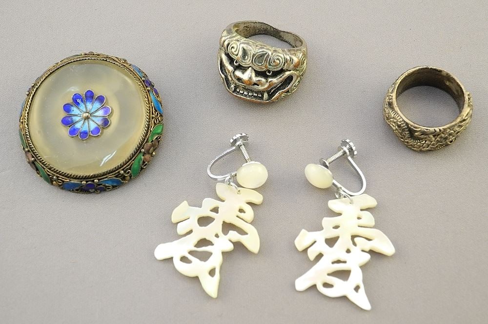 4 Chinese Jewelry Items: Enameled Brooch/ MOP Earrings/ 2 White Metal Rings (1 of 3)