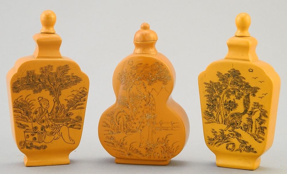 3 Chinese Engraved Snuff Bottles, 2 5/8" - 2 7/8" High (1 of 2)