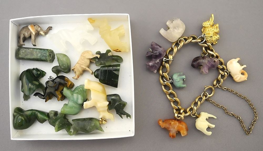 Collection of Jade & Hardstone Elephants & Other Animals including Gold Tone Charm Bracelet. (1 of 1)