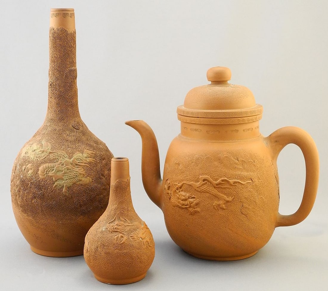 3 pcs of Yixing Ware: 2 Vases (10 3/8 & 4 1/4"H) and Tea Pot, 8 1/8"H. -: 3 pcs of Yixing Ware: 2 Vases (10 3/8 & 4 1/4"H) and Tea Pot, 8 1/8"H. -