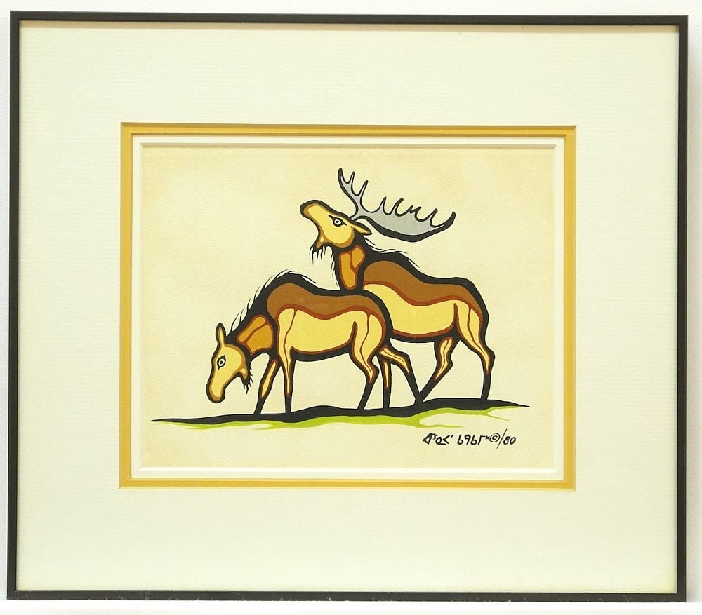 Acrylic on Paper signed in Syllabics (Robert Kakegamic) '80, 6 1/2" x 8 3/8", "Mating Season". (1 of 4)