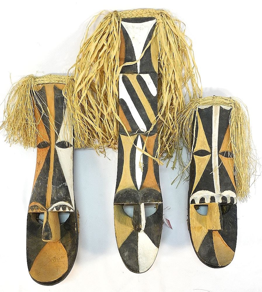 3 African Carved Wood and Fibre Masks, 20 1/2-28 1/2"H.: 3 African Carved Wood and Fibre Masks, 20 1/2-28 1/2"H.