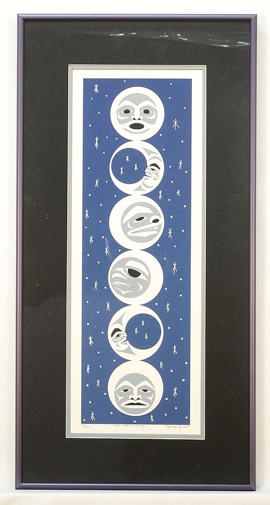 Salish Serigraph signed Maynard Johnny Jr. 2004, 19 3/4" x 7", "Many More Moons Ago". (1 of 3)