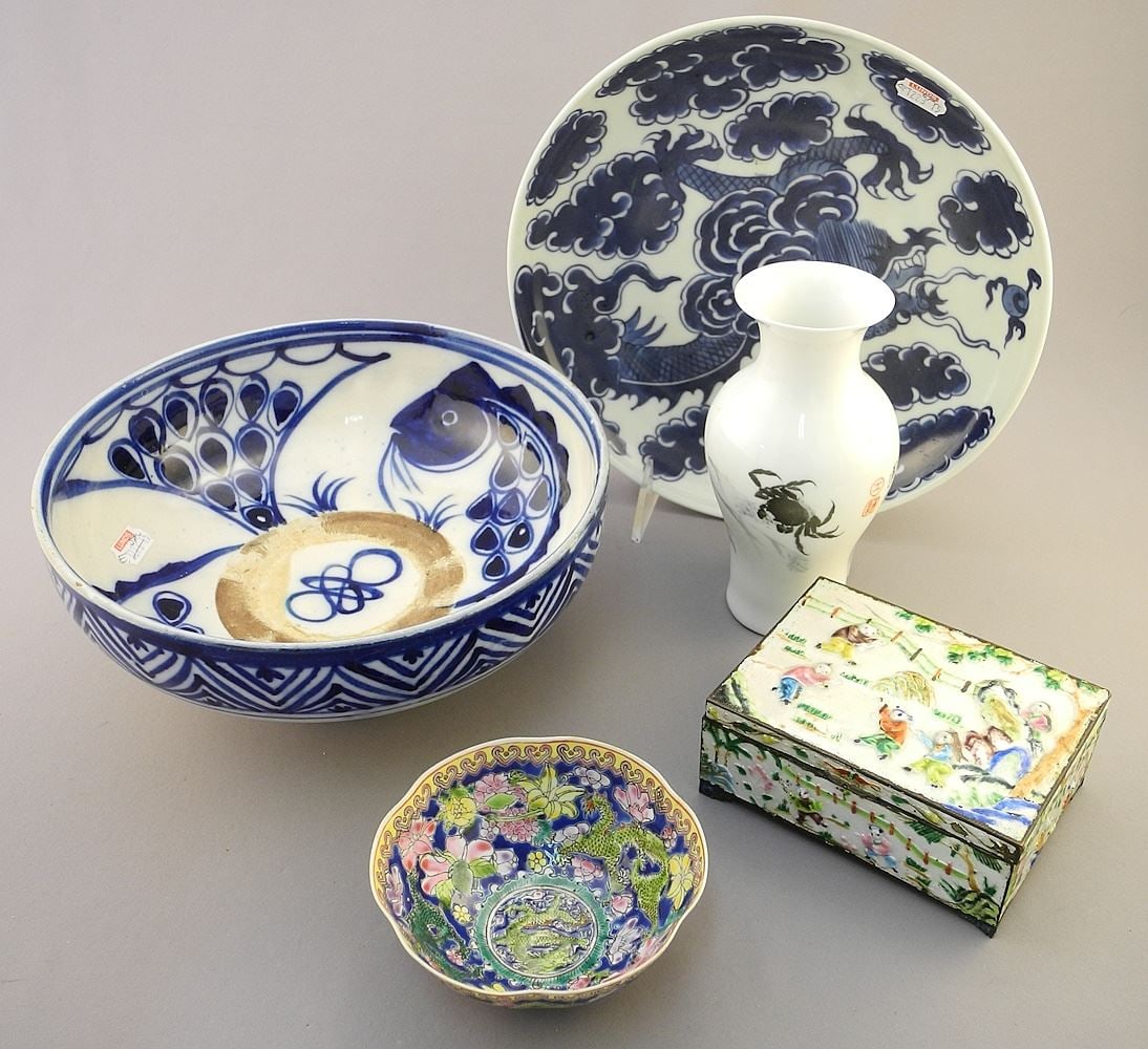 Collection of Various Chinese Ceramics & Enamel Box (5 Pieces), 3 7/8 - 8 7/8" Diameter. (1 of 6)