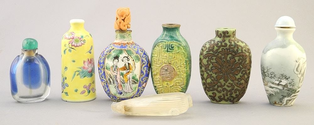7 Various Chinese Snuff Bottles: Porcelain/ Glass/ Enamel/ Winter, 1 3/4" - 2 3/4" High (1 of 2)