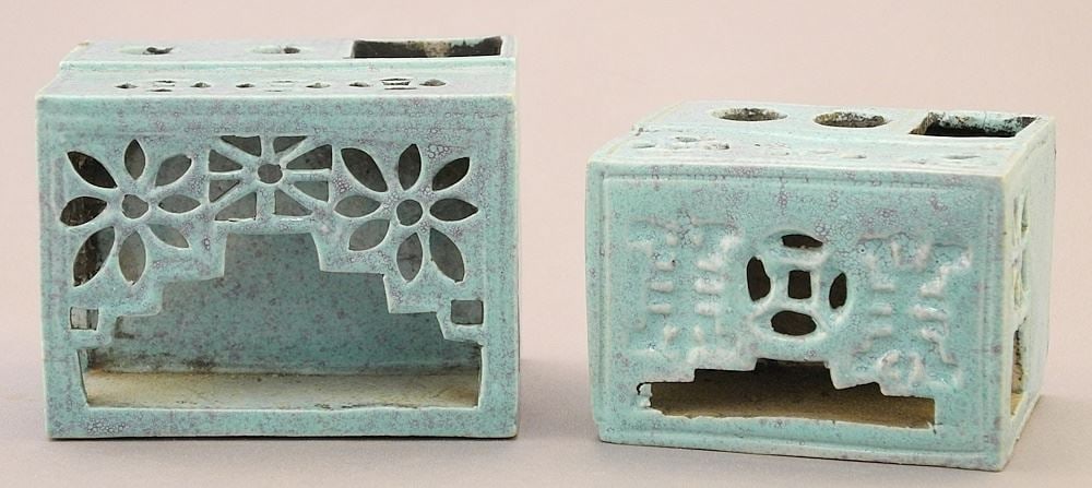 2 Chinese Robin's Egg Blue Brush Washers, 1 7/8" & 1 5/8" High, Crack in Smaller Reservoir Noted (1 of 8)