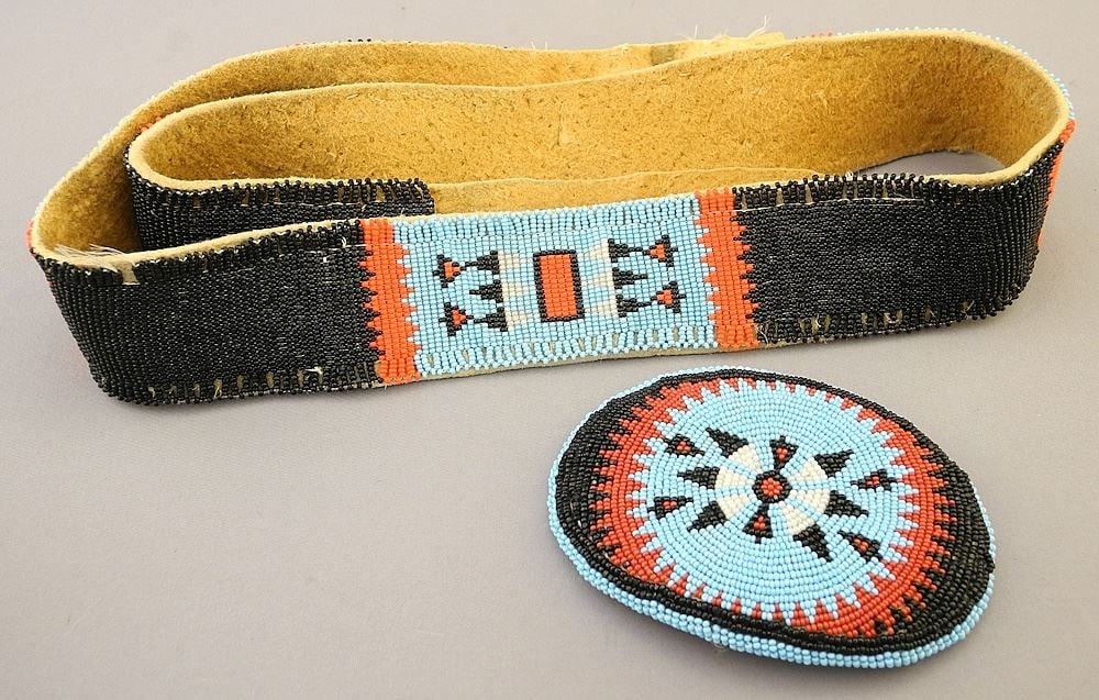 Saskatchewan Beaded Belt by Mrs. Ahenikew, C.1975, Buckle (4 1/4"), with Belt (40"L).: Saskatchewan Beaded Belt by Mrs. Ahenikew, C.1975, Buckle (4 1/4"), with Belt (40"L).