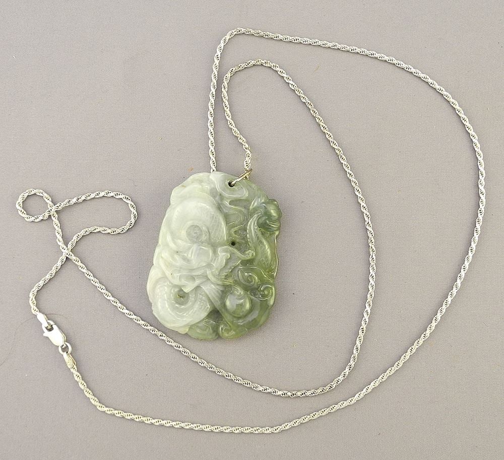 Chinese Jade "Dragon" Pendant (2"H) on 925 (marked) Silver Chain (28"L). (1 of 3)