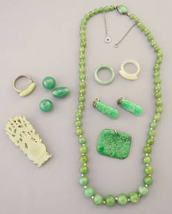 Collection of Jade Jewelry & Beads: Necklace (19" Long)/ Rings/ Silver Mounted Brooch: Collection of Jade Jewelry & Beads: Necklace (19" Long)/ Rings/ Silver Mounted Brooch