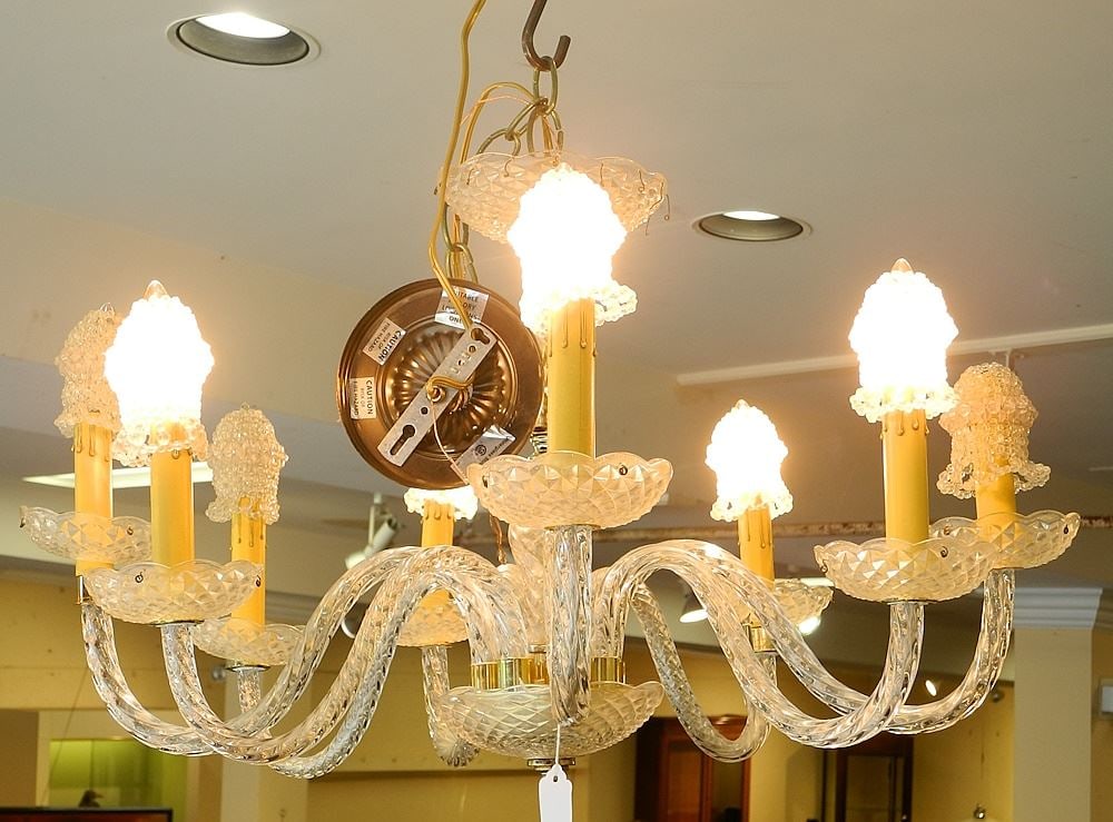 8 Branch Glass Chandelier, 24" Diameter with Crystals.: 8 Branch Glass Chandelier, 24" Diameter with Crystals.