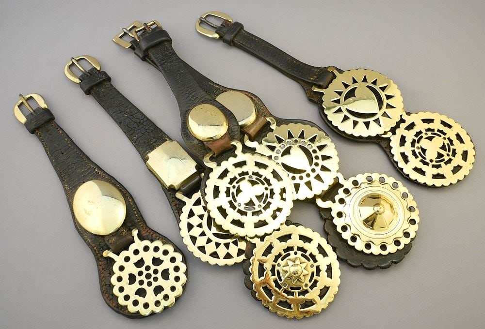 5 Straps of Horse Brasses, 12 - 16 3/4"L.: 5 Straps of Horse Brasses, 12 - 16 3/4"L.