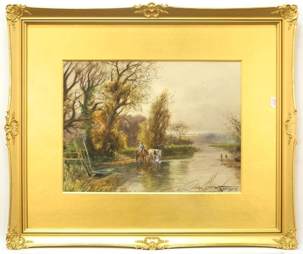 Watercolour Signed H.C. (Henry Charles) Fox, 10 1/2" x 14 1/4", "Watering Horses". (1 of 3)