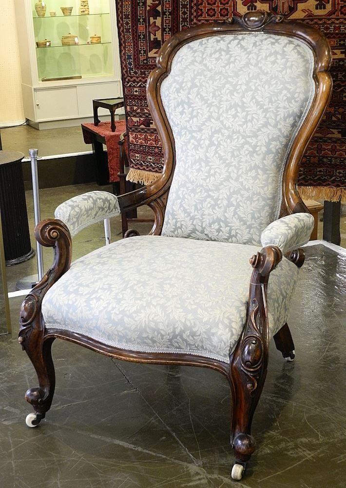 Victorian Mahogany Armchair with BADA Seal, 39 1/2"H.: Victorian Mahogany Armchair with BADA Seal, 39 1/2"H.