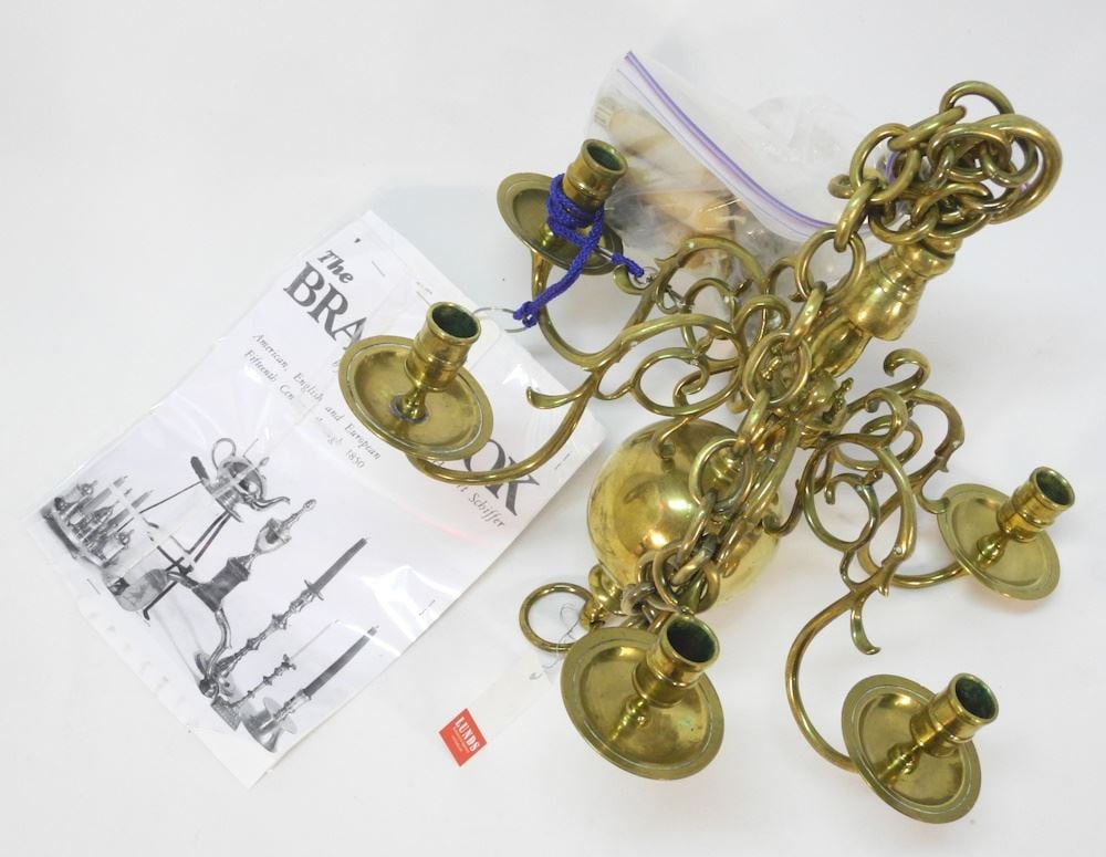 Dutch 18th Century Style 6 Branch Brass Chandelier, 17"H x 17" diam.: Dutch 18th Century Style 6 Branch Brass Chandelier, 17"H x 17" diam.