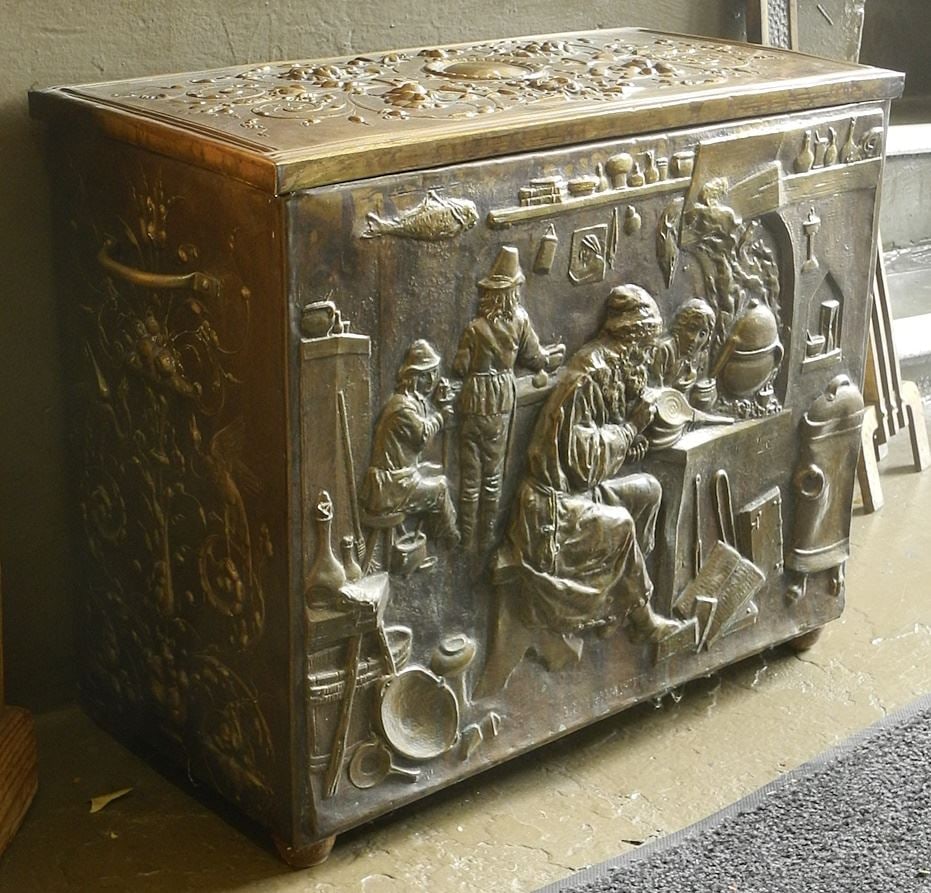 Embossed Brass Genre Scene Kindling Box, 21 1/2 x 27 1/2 x 13". (1 of 3)